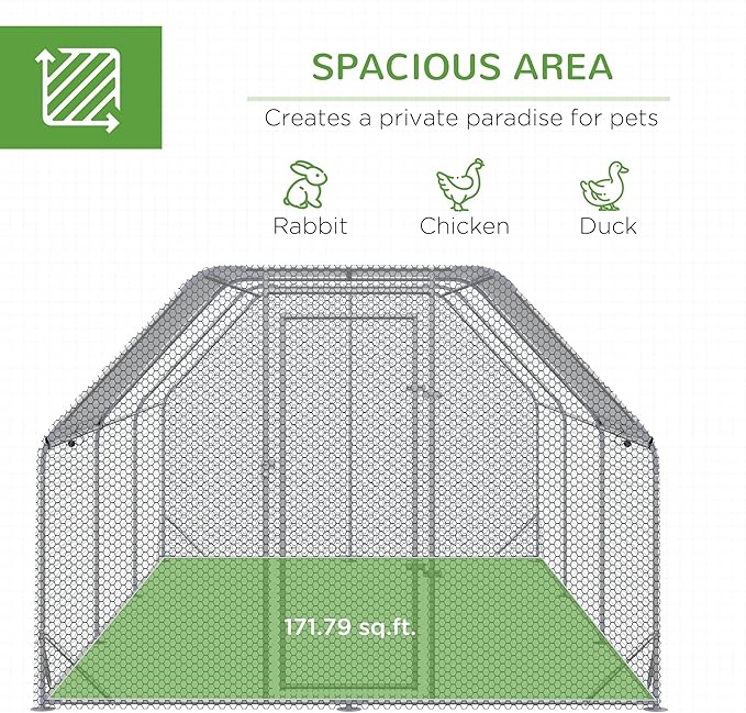 PawHut Large Chicken Coop Metal Chicken Run with Waterproof and Anti-UV Cover, Flat Shaped Walk in Fence Cage Hen House for Outdoor and Yard Farm Use, 1" Tube Diameter, 9.2' x 18.7' x 6.4'