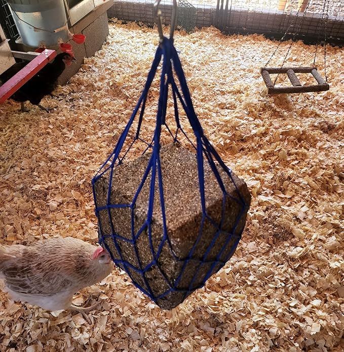 Muzzys Blue Chicken Coop Flock Block Bird Seed Hanging Bag Veggie Treat Holder - Poultry Feeder Toy Accessories Cabbage Bowl Sack - Holds 25 lb Pound Bird Seed Blocks, Poultry Run Wildlife Feeder