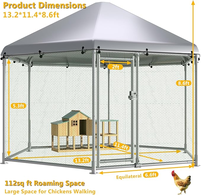 HITTITE Large Metal Chicken Coop with Run, 13.2 x 11.4 x 8.6 ft Walk in Poultry Cage Chicken Run Pen, Hexagonal Roof Outdoor Chicken Runs for Yard with Waterproof & Anti-UV Cover