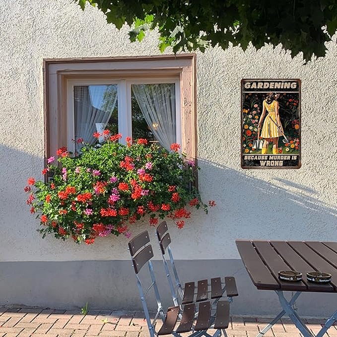 Funny Garden Signs for Plant Lovers-Garden Metal Signs"Gardening Because Murder Is Wrong",Unique Gardening Gifts for Women,Perfect Gifts for Plant Mothers Grandmas and Housewarming 8x12in