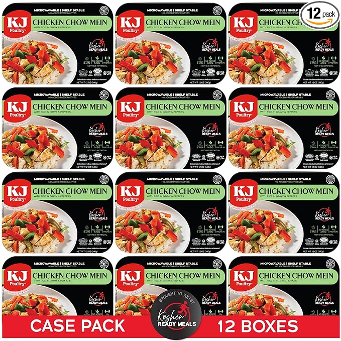 KJ Poultry Kosher Ready Meals - Chicken Chow Mein, MRE Meat Meals Ready to Eat, Gluten Free, Halal, (12 Pack) Prepared Entree Fully Cooked, Shelf Stable Microwave Dinner Travel Military Camping