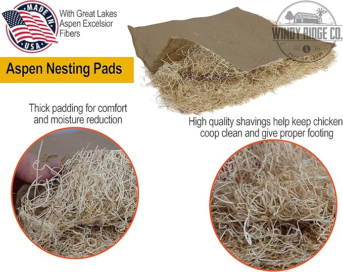 Natural Chicken Nesting Pads - 10 Pack - Aspen Excelsior Bedding Hen Nest Box Liners - USA Made - 13" x 13"
