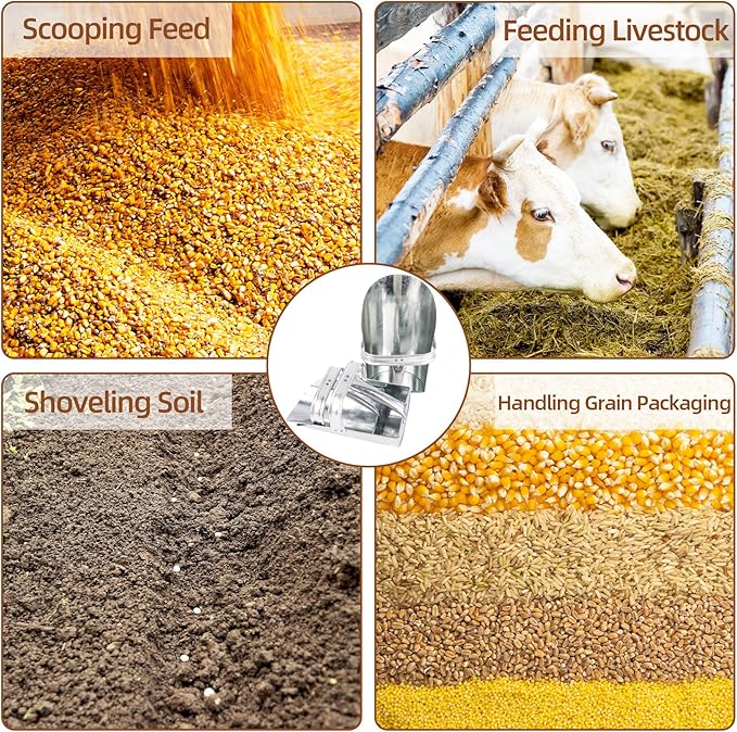 3 Pack Galvanized Feed Scoop Set, Heavy Duty Metal Grain Scoop for Livestock, Horse & Chicken, 3 Sizes with Rolled Edges & Flat Base for Farm, Coop, Gardening