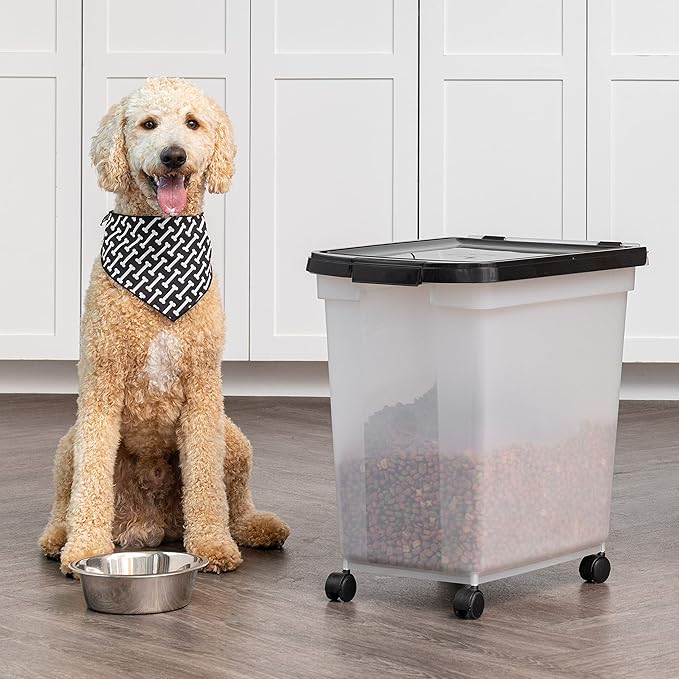 IRIS USA 50 Lbs / 65 Qt WeatherPro Airtight Pet Food Storage Container with Removable Casters, for Dog Cat Bird and other Pet Food Storage Bin, Keep Fresh, Translucent Body, Easy Mobility, Clear/Black