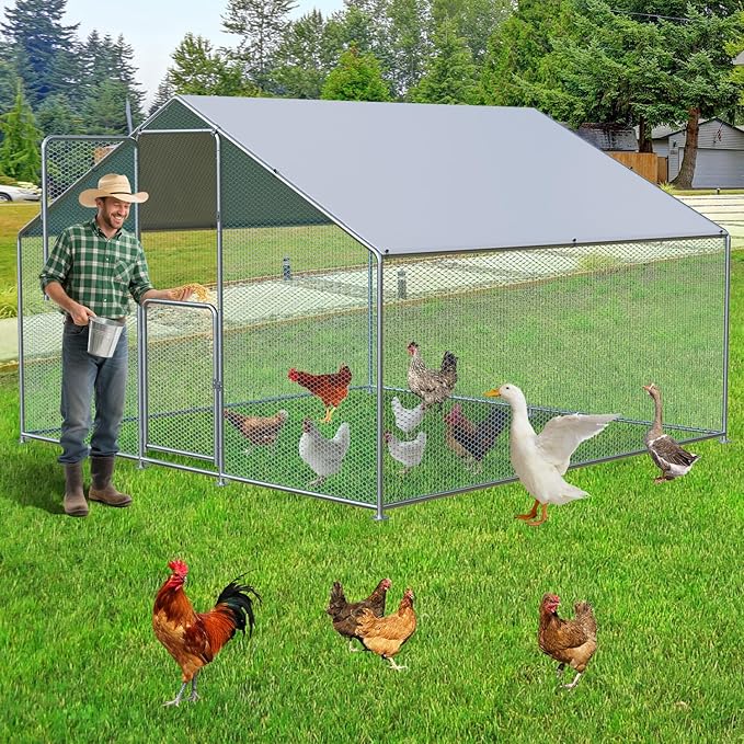 LotFun Metal Chicken Coop, Outdoor Chicken Runs for Yard with Waterproof & Anti-UV Cover, Double Lockable Doors, Outdoor Hen/Duck/Rabbit Runs for 10-30 Chickens (79.2 x 79.2 x 117.6 in)