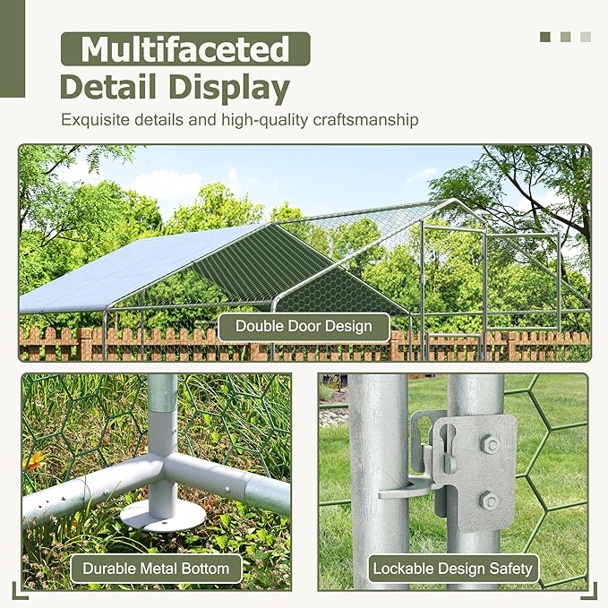 Large Metal Chicken Coop,19.7x9.8x6.4 FT Chicken Run for Yard with Waterproof & Anti-UV Cover,Walk in Chicken Pen with Feeding Door (13.1 * 9.8 * 6.4 ft)