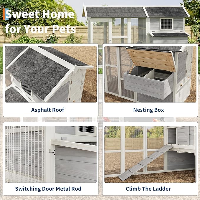 80" Large Wooden Chicken Coop Hen House Poultry Cage for Outdoor Backyard with 2 Doors, Nesting Box and Removable