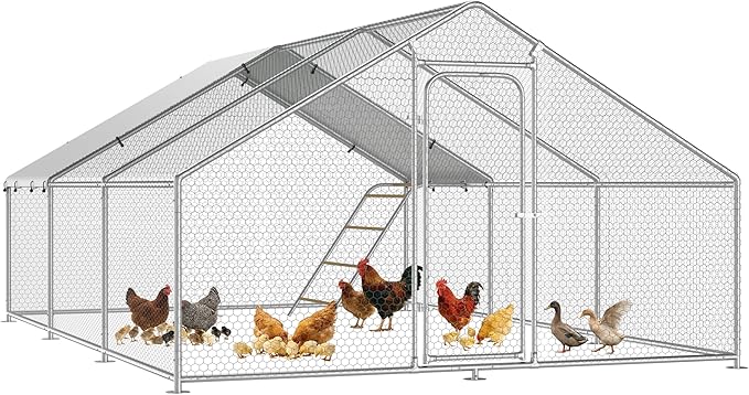 Large Metal Chicken Coop Run with Roosting Perch, Outdoor Waterproof & UV-Resistant Cover for Chickens, Ducks, Rabbits, and Hens in Yard or Farm Use Spire Roof (13.1'Wx19.7'Lx 6.5'H)