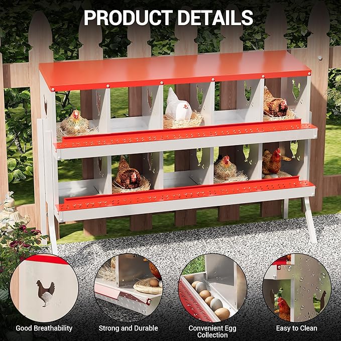 Heavy-Duty 10-Compartment Chicken Nesting Boxes with Roll Away Feature - Easy Clean Pull-Out Trays, Built-in Perch | Wall Mount/Free Standing Hen Laying Nests - Premium Poultry Egg Collection Solution