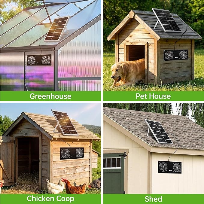 Solar Fan for Chicken Coop, ropelux Solar Powered Dual Exhaust Fans with 12000mAh Battery & 2 Timers, 24/7 Strong Airflow Cooling Ventilation for Greenhouses, Dog Houses, Attics, Sheds, Cabins
