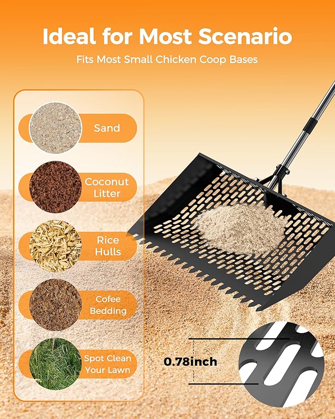 15 inches Large Chicken Poop Scooper & Rake 2-in-1, Adjustable Chicken Coop Pooper Shovel (37 to 77"), Sifting Litter Shovel Scoop for Chicken Coop/Goat Stall/Stable Cleaning Tool