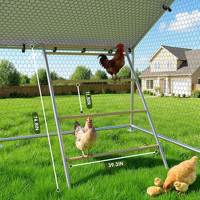 Large Metal Chicken Coop with Roosting Perch, UV-Resistant and Waterproof Cover, Chicken Run Outdoor Walk-in Cage Rabbit Duck Hen House for Yard Farm Use Spire Roof (10’ W x 4.9’ L x 6.4’ H)