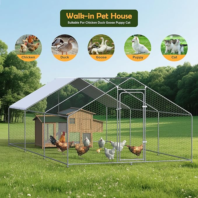 Metal Chicken Coop with Cover for Yard Large Walk-in Chicken Runs for 30 Chickens with Galvanized Steel Frame for Outdoor Heavy Duty Spire Roof Poultry Cage for Hen Duck Rabbits Goose Puppy