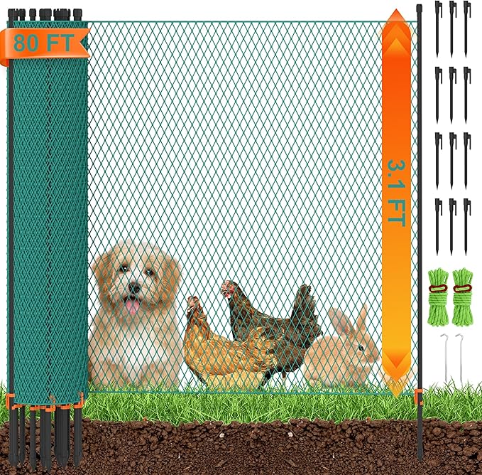 Temporary Garden Fence Kit with Garden Poles,3.1'H x 80'L Plastic Mesh,Windbreak Rope and Ground Stakes,Portable Poultry Fencing for Outdoor Animals,Snow Fence with Fencing Roll for Yards