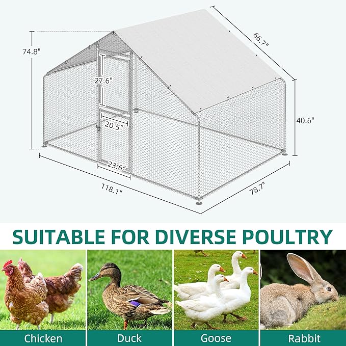 YITAHOME Large Chicken Coops for 6/10 Chickens, Metal Chicken Run Chicken House, Poultry Cage with Waterproof Cover for Goose Rabbits Ducks, Chicken Runs for Yard Outdoor(6.6 x 9.8 x 6.4 ft)