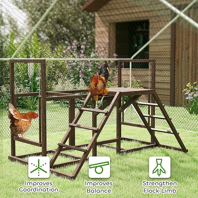 PawHut Chicken Coop Perches with Swing, Roosting Bars, Activity Play Set, Wooden Chicken Coop Accessory Toys for 4-6 Chickens, Coffee