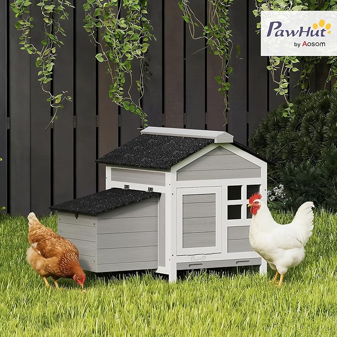 PawHut Chicken Coop Outdoor Weatherproof, Wooden Duck House with Nesting Box, Pull-Out Metal Tray, for 1-2 Chickens, Rabbits, Ducks, Poultry Cage Rabbit Hutch for Backyard, Farm, 36" x 25" x 27"