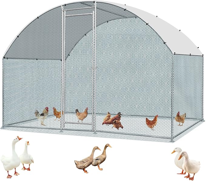 VINGLI Large Metal Chicken Coop, 6.5x9.8x6.5 ft Poultry Cage for Chicken Run, Walk-in Chicken Pen with Waterproof & Anti-UV Cover for Yard Outdoor (Silver-Dome Roof)