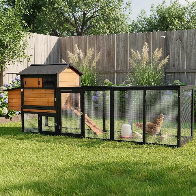 Chicken Coop with Run,Large Outdoor Chicken House with Nesting Box for 2-6 Chickens,Outdoor Wooden Hen House Poultry Pet Hutch Run Cage (Brown+Black)
