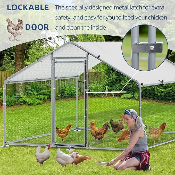 Large Metal Chicken Coop Walk-in Poultry Cage Hen Run House Duck House Rabbits Habitat Cage Spire Shaped Coop with Waterproof and Anti-Ultraviolet Cover for Outdoor Farm Use