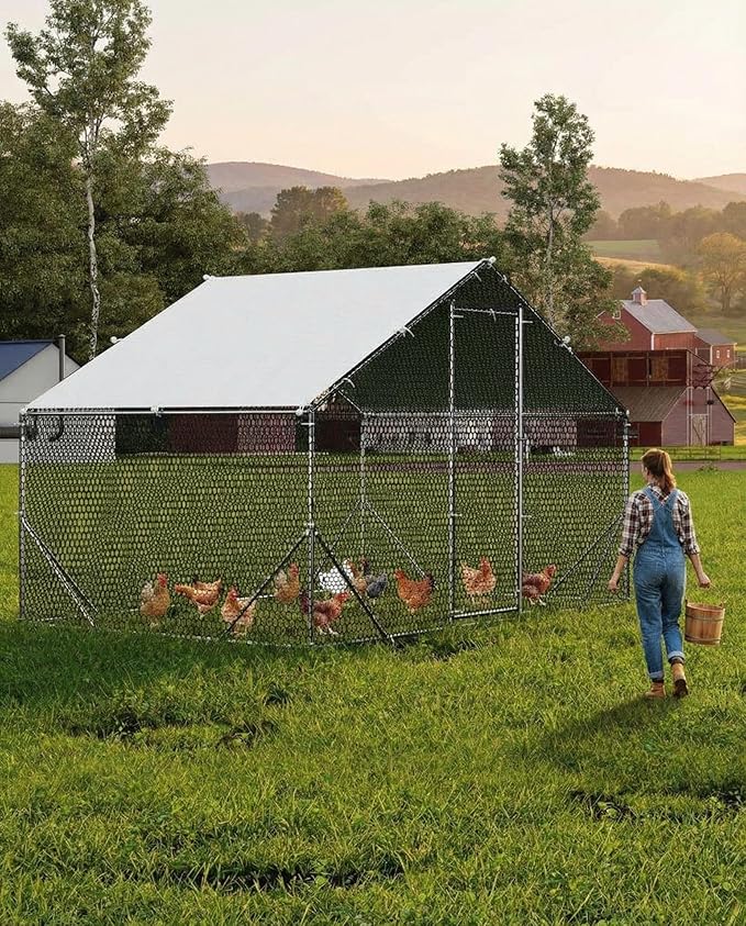Large Metal Chicken Coop with Run, Walk in Chicken Coop with Waterproof & Anti-UV Cover, Spire Roof Poultry Cage for Yard Hen Duck Rabbit, 6.56 x 9.84 x 6.56 ft