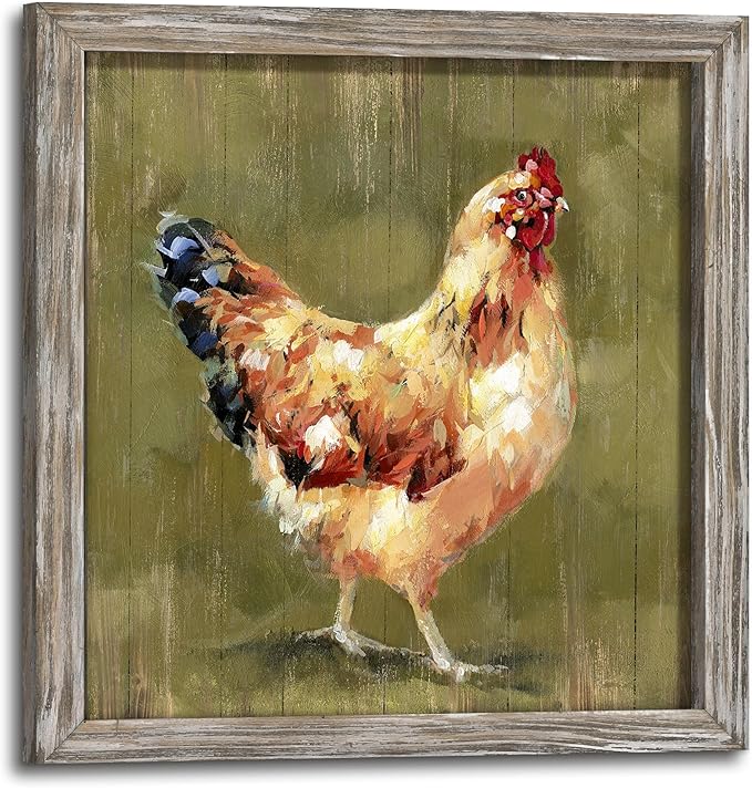 Farm Rustic Wall Art Decor: Farmhouse Chicken Framed Wood Prints Vintage Country Animal Picture Artwork Hen Chickens Kitchen Painting for Home Living Room 24 x 24 Inches