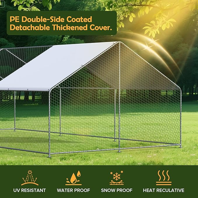 Metal Chicken Coop with Cover for Yard Large Walk-in Chicken Runs for 30 Chickens with Galvanized Steel Frame for Outdoor Heavy Duty Spire Roof Poultry Cage for Hen Duck Rabbits Goose Puppy