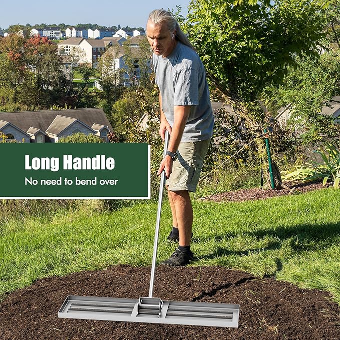 Happygrill Lawn Leveling Rake, Heavy Duty Lawn Level Tool for Soil w/67” Handle, Dirt Ground Leveler, Effort-Saving Landscape Rake for Garden, Backyard, Golf Course, Farm, Pasture (42" x 10", Silver)