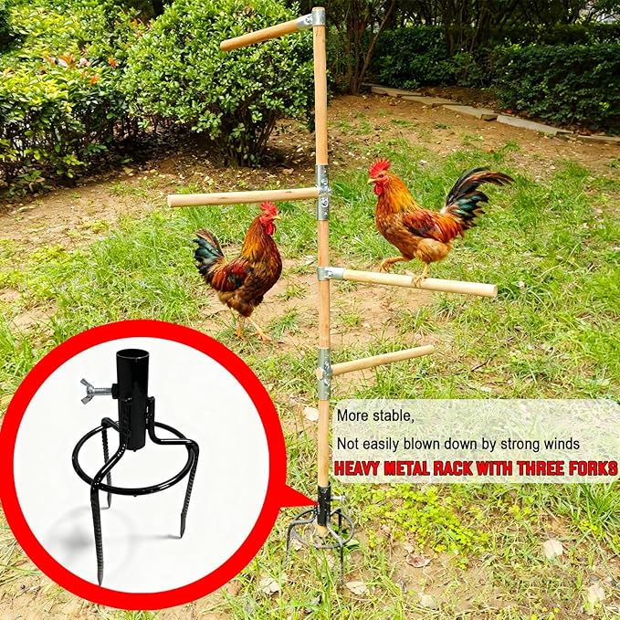 Chicken Perch Toys for Coop & Backyard Chickens, Large Chicken Perch Roosting Bars with 3-Prong Metal Ground Plug & Adjustable and Replaceable Wood Bar(Wooden, 54" H x 14" R)