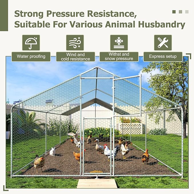 Large Metal Chicken Coop,19.7x9.8x6.4 FT Chicken Run for Yard with Waterproof & Anti-UV Cover,Walk in Chicken Pen with Feeding Door (19.7 * 9.8 * 6.4 ft)