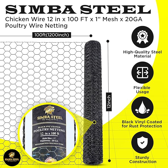 12” x 100 FT PVC Hexagonal Poultry Netting Chicken Wire | 1" Mesh | 20 Gauge | Black PVC Vinyl Coated | Rust Proof | for Garden, Fence, Chicken, Rabbit (PVC 12 x 100)