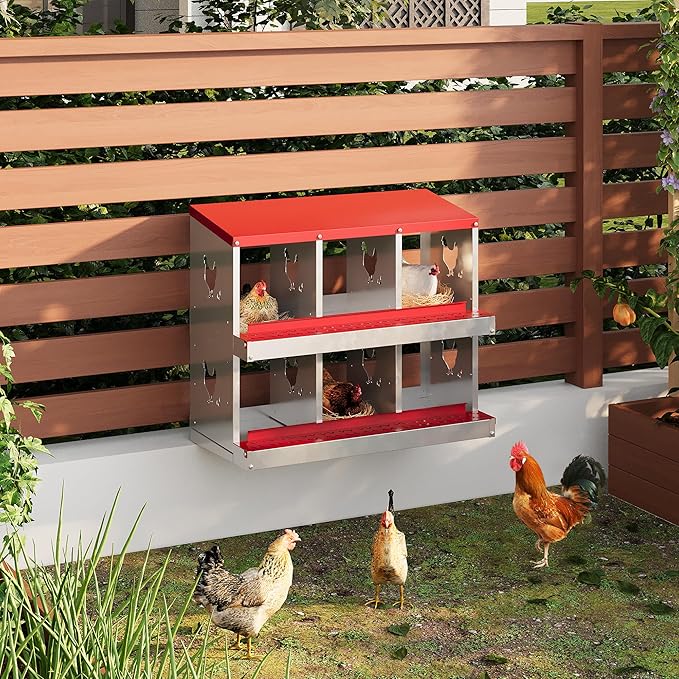 Chicken Nesting Box,6 Compartments Galvanized Steel Metal Chicken Laying Box with Roll Out Egg Collection,Wall Mount Chicken Nesting Boxes,Easy Egg Collection, Hen Roosting Boxes