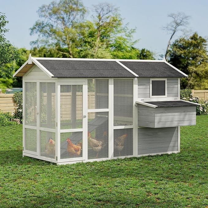 GarveeHome Chicken Coop Large Hen House for 4-6 Chickens Wooden Poultry Cage with Run, Ramp, Nesting Box, Wire Fence, Waterproof Asphalt Roof (80" x 35" x 54") Grey