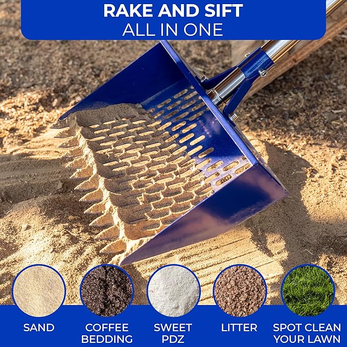 Chicken Poop Scooper with Adjustable Handle – 2-in-1 Chicken Coop Rake & Sand Sifting Shovel – Heavy Duty Metal Litter Scooper for Chicken Coop Cleaning, Sand, Hemp, Coffee Bedding