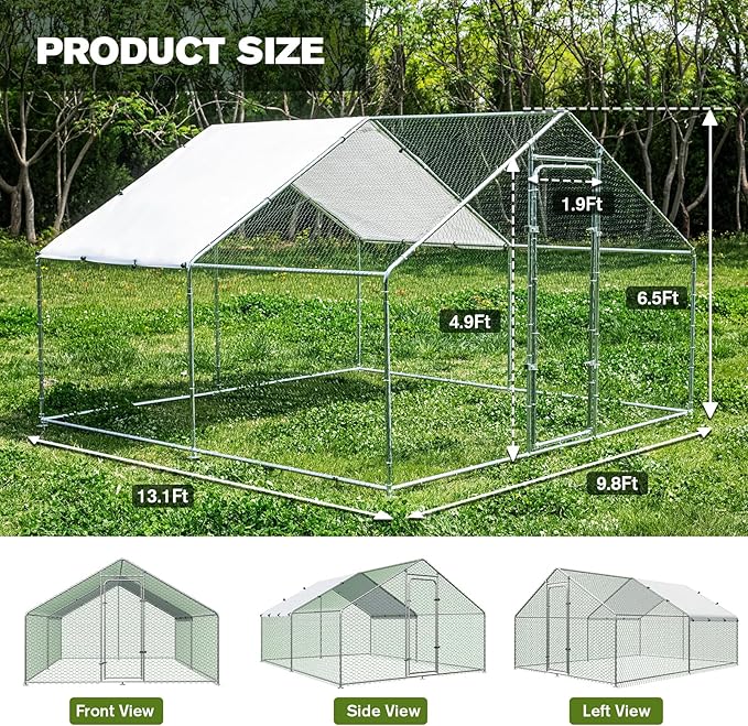 Large Metal Chicken Coop Walk-in Chicken Run with Waterproof Cover Outdoor Backyard Farm Anti-UV Spire Shaped Cage for Poultry, Ducks, and Rabbits(13.1’L x 9.8’W x 6.5’H)