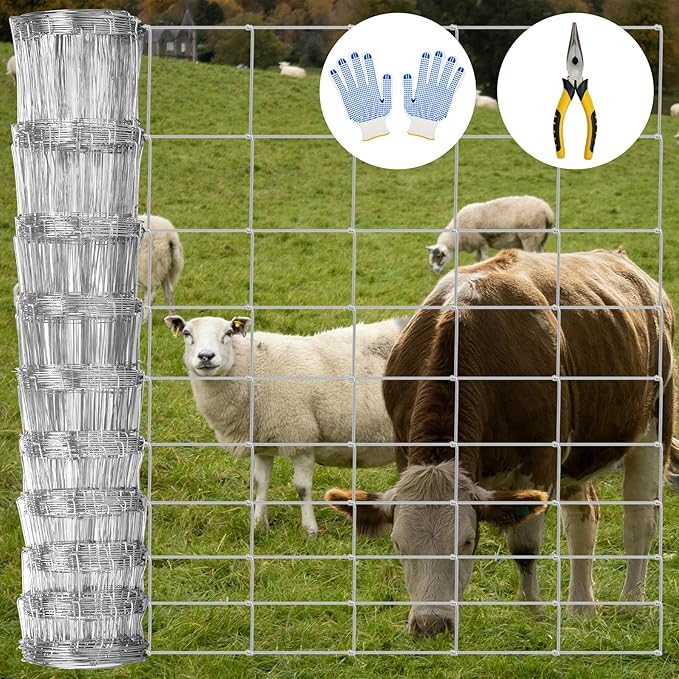 Farm Fence 4.5FT x 100FT, Galvanized Cattle Fence, Heavy Zinc Coating Wire Fencing, 14GA Livestock Fence, Goat Fence, Hog Wire Fencing Perfect for Pest Control, Livestock & Animals Protection