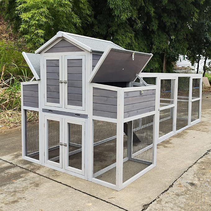 Large Wooden Chicken Coop Outdoor Hen House with Nesting Box，Walk-in Poultry Cage with Secure Locks, Metal Mesh Run for Backyard Farm Use (Gray 150")