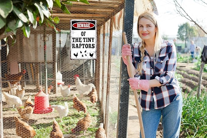 Beware of The Tiny Raptors Vintage Metal Sign, Chicken Art 7.8"11.8" Inches, Chicken Coop Farm Decor with Pre-Drilled Holes
