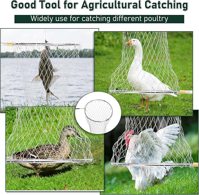 Flehomo Chicken Catcher Set, Chicken Catching Net with Leg Hook & Telescopic Pole, Adjustable from 32.5" to 74", 16 x 24 Inch Net, Chicken Coop Accessories Suitable for Outdoor Poultry Catching