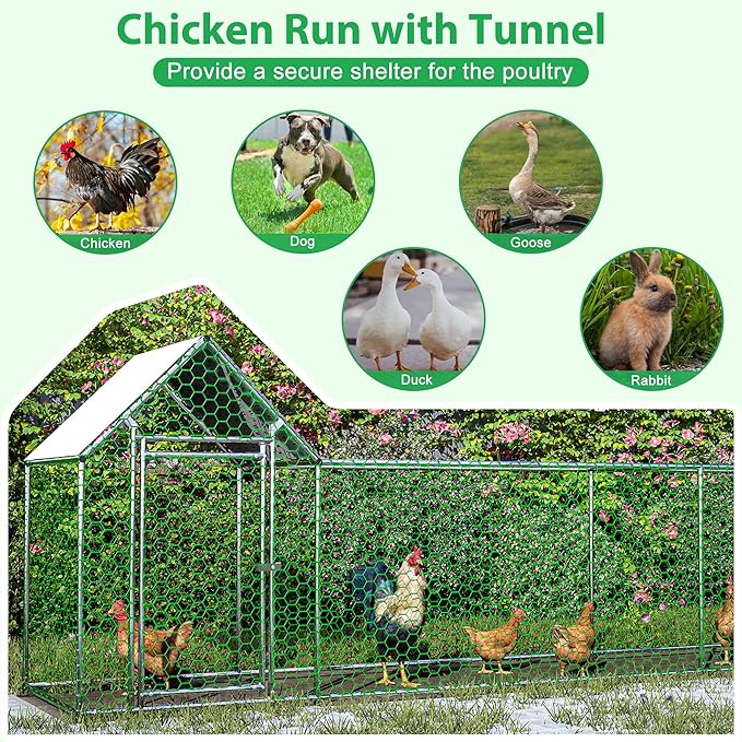 Metal Chicken Coop with Waterproof Cover, 16x3x5ft Chicken Run for Yard, Outdoor Backyard Farm Walk-in Hen House, Chickens Poultry Cage for Ducks, Rabbits and Small Pets