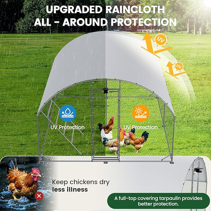 Chicken Coop Large Metal Chicken Run with Full-Top Waterproof Cover - Chicken House for 16/20 Chickens, Poultry Cage with Solar Light, Backside Poles, Walk-in Pen for Rabbits Ducks Yard 2 Room