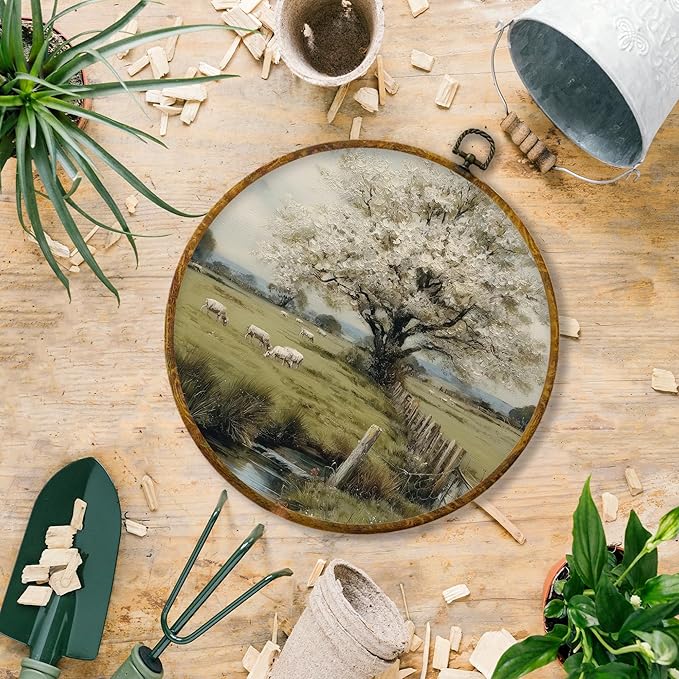 Hiuwevt Vintage Rustic Farmhouse Sheep Round Wall Art Decor, Country Landscape Framed Canvas Prints, Retro Farm Animals Round Wall Hanging Decor for Home Bedroom Living Room Decorations, 10x10 Inches
