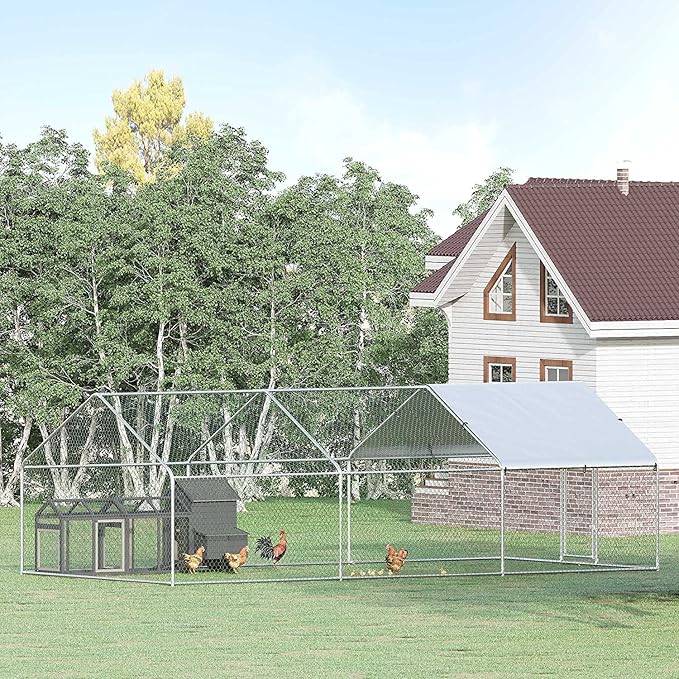 Large Metal Chicken Coop, Walk-in Poultry Cage Galvanized Hen Playpen House with with Water-Resident and Anti-UV Cover, Duck Rabbit House Outdoor, Backyard Farm, 9.8' L x 19.7' W x 6.5' H