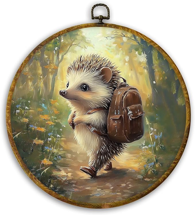 CUANFDDSF Nature Forest Hedgehog Round Wall Art, Cute Jungle Animal Framed Hanging Wall Decor, Cottagecore Forest Animal Canvas Prints Decorations for Home Bedroom Living Room, 10x10 Inch