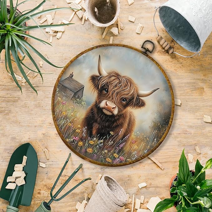 Hiuwevt Rustic Highland Cow Round Wall Art Decor, Cottagecore Wildflower Western Cow Framed Canvas Prints, Farm Animal Cattle Round Wall Hanging Decor for Home Bedroom Decorations, 10x10 Inches