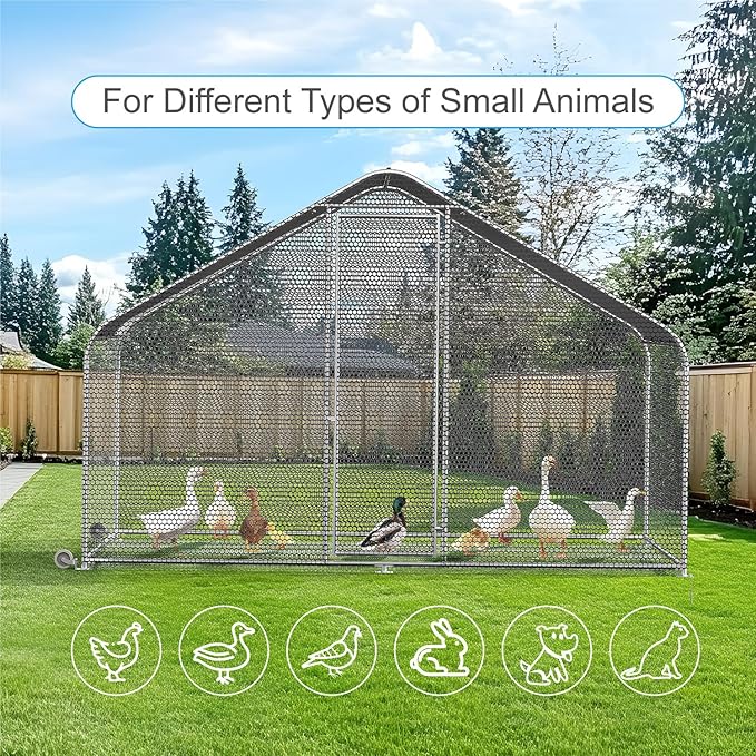 PETS TUFF Chicken Chalet - Chicken Coop for Chickens, Ducks, Rabbits & More - Predator-Resistant, Strong Wire with Mesh Bottom - Wheels for Easy Moving - Wind & Snow Durable Chicken Pen - 124”x81”x79”