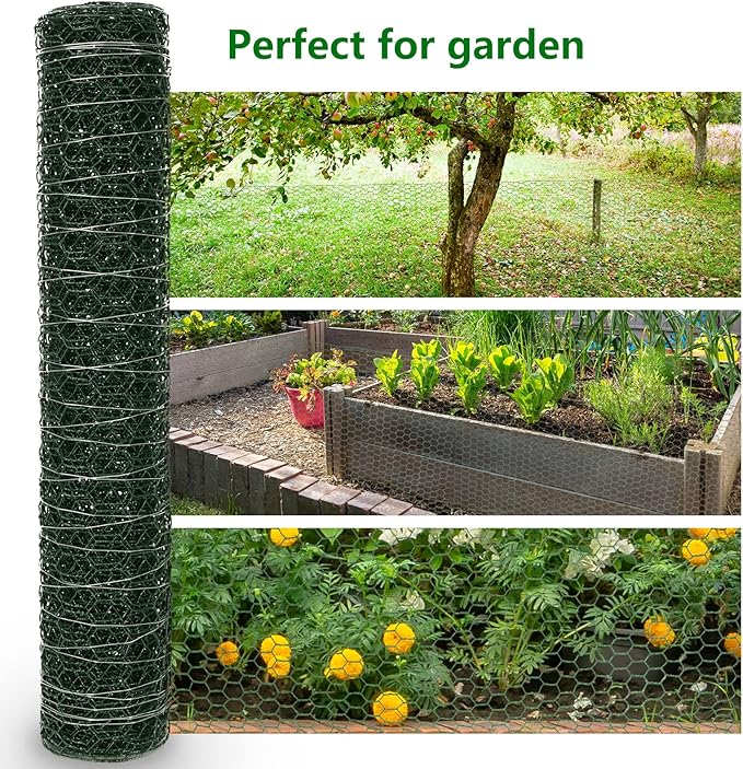 Aboofx Chicken Wire for Floral Arrangements 118 x 15.7 Inch Green Mesh Chicken Wire with 50 Zip Ties and 1 Pair of Glove Hexagonal Galvanized PVC Coated Netting Fence for Crafs Poultry Garden