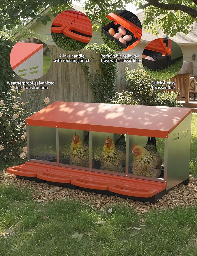 Chicken Nesting Boxes, 4 Hole Metal Rollaway Nest Box for Laying Hens with Cleanable Pull-Out Trays Wall Mount or Placed Design for Easy Egg Collection & Cleaning