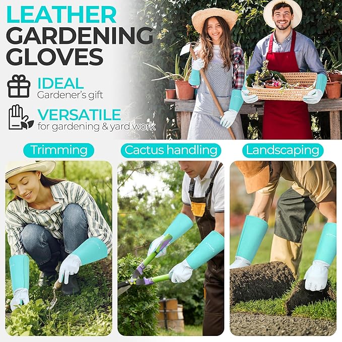 HANDLANDY Long Gardening Gloves for Men & Women, Thorn Proof Rose Pruning Gloves Leather Gauntlets Garden Glove Yard Work Glove (Teal Green, Large)