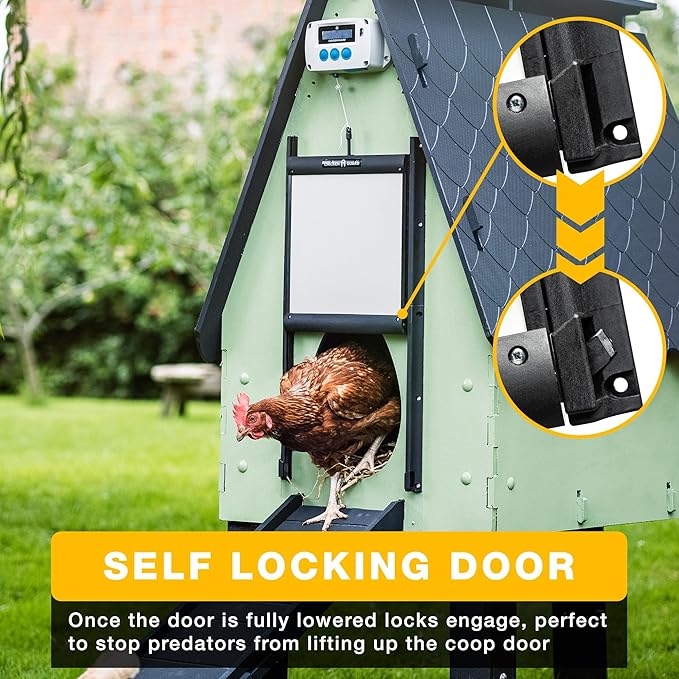 ChickenGuard Automatic Chicken Coop Door Opener, Power by Solar/Batteries/Electric. Strong Motor Lifts 2kg; Timer/Light Sensing; Motor Units only or Combination Kits (PRO + Door + Batteries)